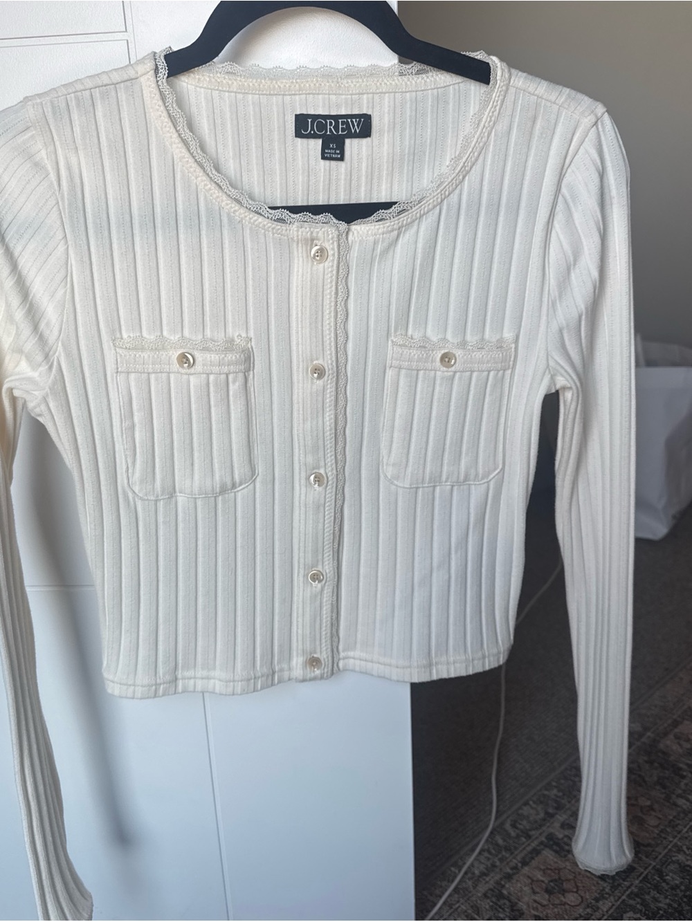 J. Crew Ivory Ribbed Lace-Trim Button Cardigan